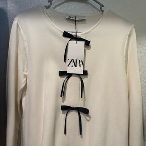 Zara Ivory Blouse with Navy Ribbon Details
